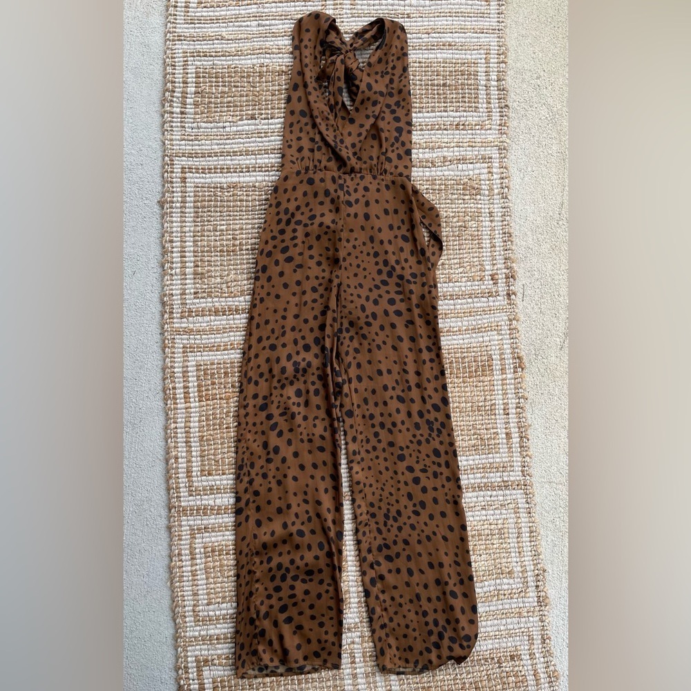 LPA Brown Polka Dot Halter Jumpsuit Small Tie Back Wide Leg Boho Chic